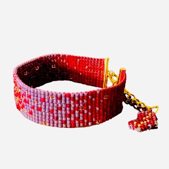 Adjustable Ombre Hand Crafted Cuff Bracelet with Handwoven Heart  Charm - Picture 1 of 7